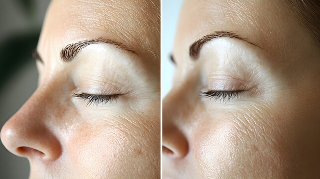 A close-up of a woman with fine lines around her eyes, before using dermatologist-prescribed anti-aging creams The after-effect shows youthful, firm skin with fewer visible lines