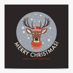 Merry Christmas cute greeting card with reindeer waring hat and scarf on blue and black background, vector illustration