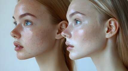 Before-and-after sequence of acne scar concealing with makeup, soft glow on covered skin, clear complexion result, step-by-step visuals, professional makeup tools, studio lighting