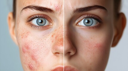Close-up of a face with active acne on one side, and healing skin on the other  inflamed pustules transforming into smooth, even skin with reduced redness