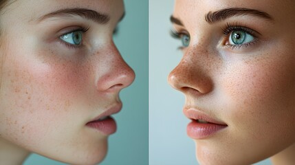 Obraz premium Before-and-after nose job photos, illustrating a large, uneven nose prior to surgery and a symmetrical, proportional nose after healing