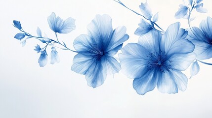 An elegant blue floral design gracefully adorns a pristine white backdrop, showcasing the soft lines and delicate shapes of the flowers, perfect for calming decor