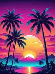 Obraz premium A vibrant sunset scene with palm trees, mountains, and a colorful sky.