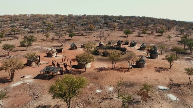Aerial view of Himba tribe people village in Namibia.