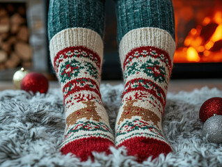 Cozy warm winter christmas socks with a reindeer. Person watching a christmas movie on the television