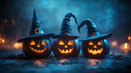Fototapeta premium Mystical Halloween Night with Glowing Jack-o'-Lanterns in the Forest