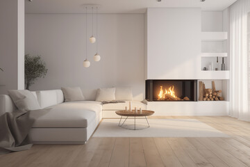 Diseño interior exclusivo de una gran sala con chimenea en colores pastel .