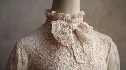 Obraz premium This medium closeup showcases an exquisite lace blouse featuring delicate patterns and a charming bow at the neckline, set against a soft background