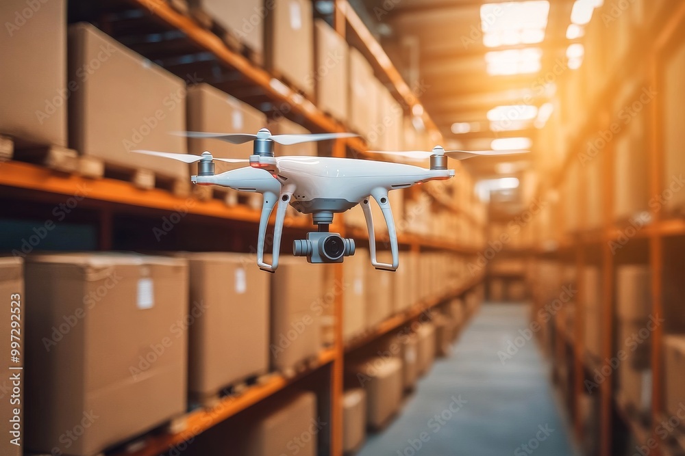 Canvas Prints Drone flying through an industrial warehouse aisle showcasing high tech UAV capabilities for smart logistics and precise package handling