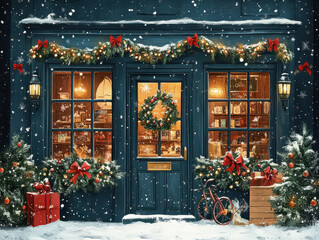 Creative Christmas window display illustrations featuring festive themes, color schemes, and lighting ideas for store fronts