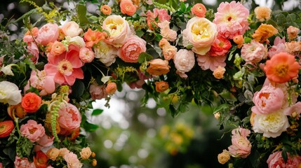 Sustainable floral arch crafted from recycled materials and decorated with fresh, vibrant flowers, blending eco-conscious design with natural beauty for a charming and green event setting