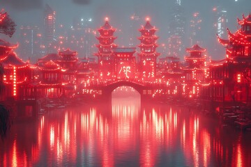 Fototapeta premium China National Day parade in a futuristic city where the buildings themselves light up in vibrant red forming the characters of China as the procession passes by