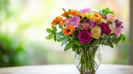 This beautiful bouquet features a mix of colorful flowers in a glass vase, enhancing the charm of the light wood table. Generative AI