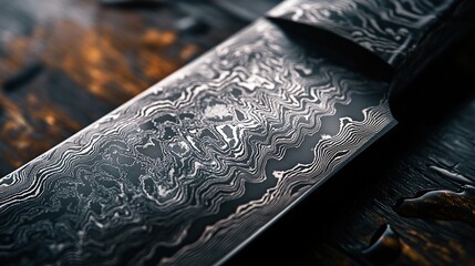 Close-up of a beautifully crafted damascus steel blade. © arsyi_06