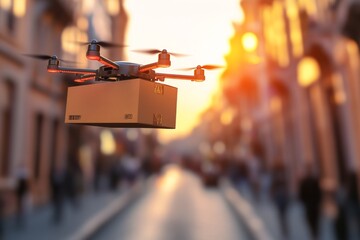 Drone flying over a bustling city street during golden hour showcasing UAV logistics for fast deliveries in urban environments