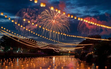 Obraz premium Illuminated sky lanterns float over a river with fireworks reflecting in the water during a night festival.