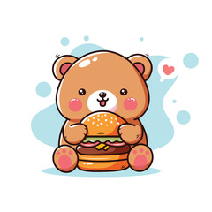 Cute teddy bear with a big hamburger. Vector illustration.