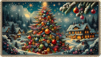 illustration with a Christmas tree, a bright greeting card,generative ai