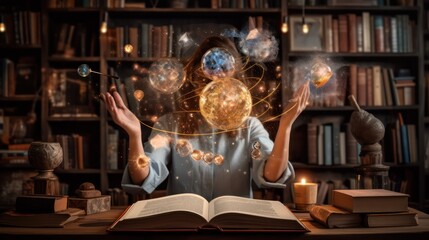 Fototapeta premium Mystical Library: A Woman Surrounded by Celestial Wonders