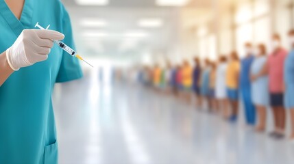 Healthcare worker giving a vaccine, diverse patients in line, digital illustration, vibrant colors, clean lighting, community center backdrop, soft-focus