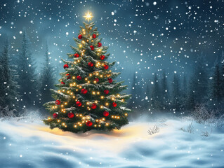 Obraz premium Festive Chrismas background with cristmas tree with decorations, winter night forest