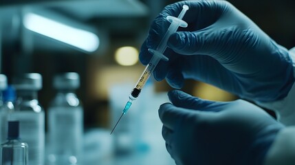 Macro shot of a syringe needle, precise vaccine fluid drawn in by gloved hands, sterile medical setup softly blurred in the background