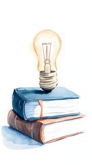 Watercolor study room with a glowing light bulb, casting light over books and papers, signifying personal academic growth, wisdom, and discovery