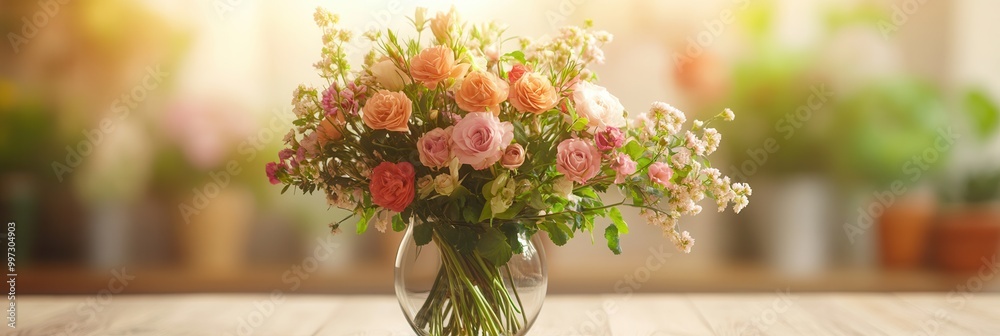 Poster a colorful arrangement of assorted flowers in a clear glass vase sits elegantly on a light wooden ta