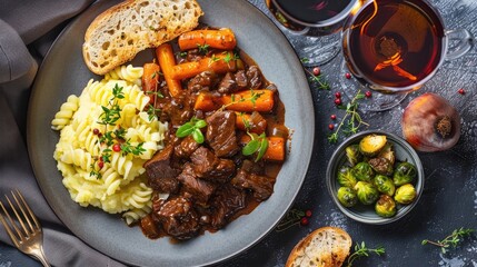 Tender beef bourguignon with buttered egg noodles, roasted carrots, crusty bread, roasted Brussels sprouts, and a side of roasted garlic mashed potatoes