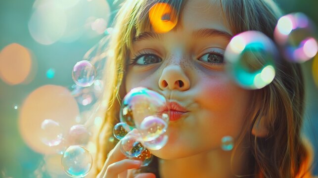 Young girl blowing soap bubbles with a dreamy expression