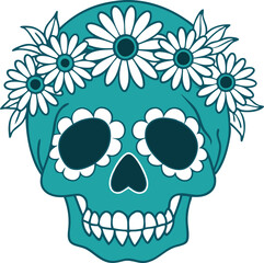 Daisy-crowned skull, isolated vector design for web design, Halloween decor, or gothic apparel. Teal and white color scheme, suitable for branding.
