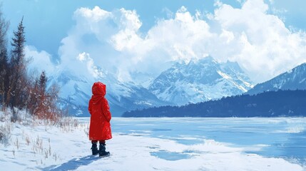 A lone figure in a red coat gazing at a snowy mountain range and frozen lake
