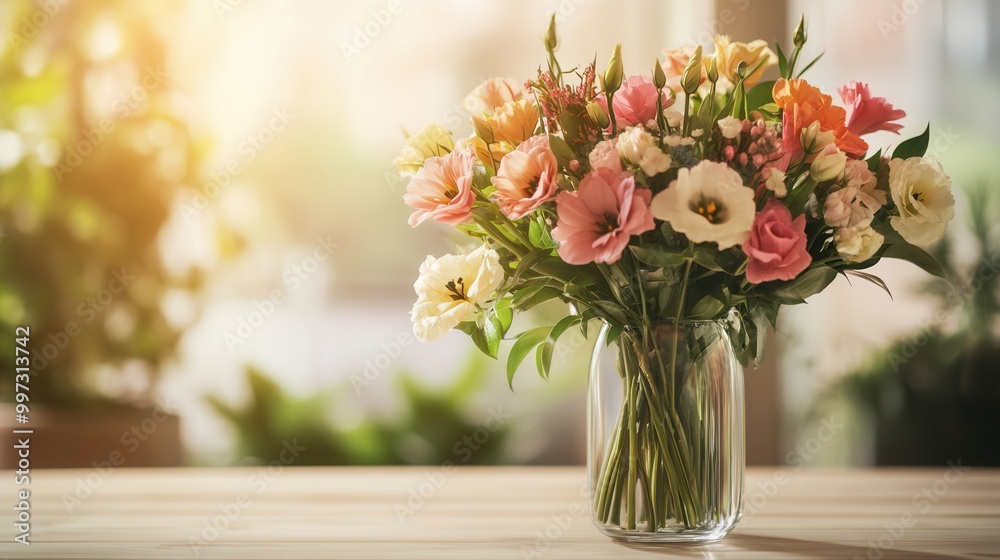 Poster a beautiful arrangement of mixed flowers in a clear vase showcases color and elegance on a light woo