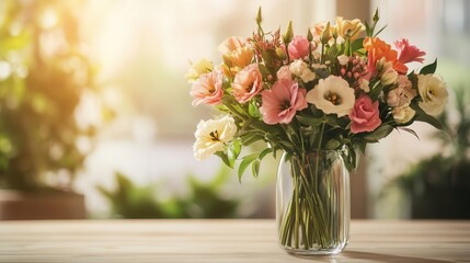 A beautiful arrangement of mixed flowers in a clear vase showcases color and elegance on a light wood table illuminated by sunlight. Generative AI