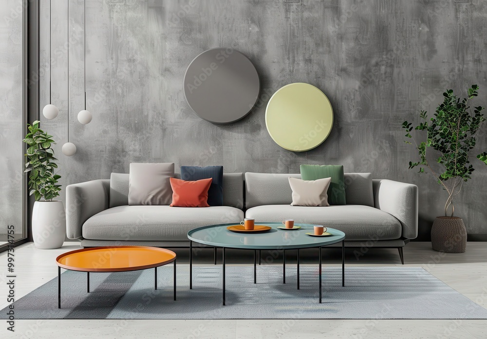 Wall mural modern living room interior with a grey sofa, two round coffee tables, and a large rug.