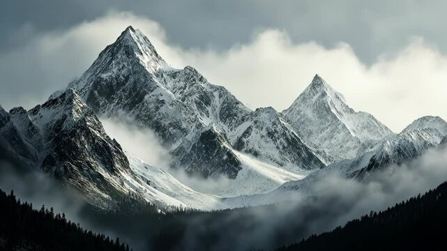 Snow-capped mountains stand tall in the midst of a misty, cloudy day