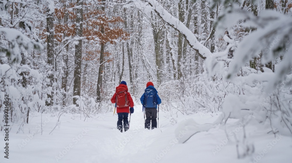 Poster Two Hikers Walking Through a Snowy Forest