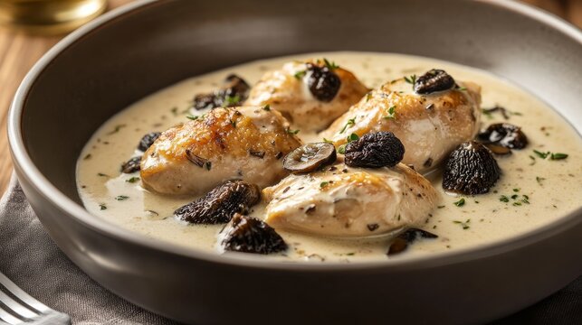 A delicious serving of traditional French chicken with morels in a creamy sauce showcases rustic elegance in a shallow ceramic bowl, perfect for any dining occasion