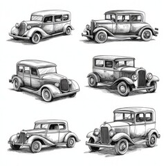 Set of six vintage cars drawn in black and white.