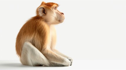 Portrait of a proboscis monkey in sitting pose for wildlife enthusiasts and nature lovers isolated on white background