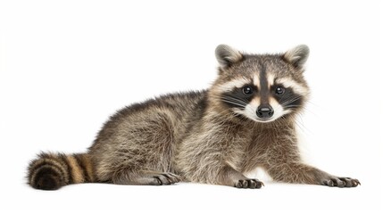 Obraz premium Raccoon in sitting pose with masked face on white background for wildlife and nature enthusiasts isolated on white background