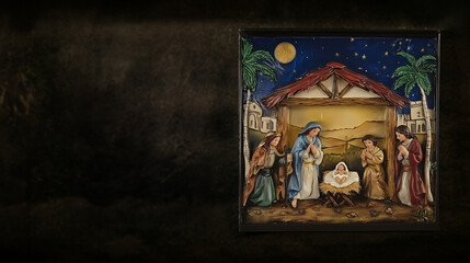 Obraz premium A nativity scene diorama with hand painted figures - dimensional Christmas story of Jesus birth in a stable in Bethlehem. Copy space.
