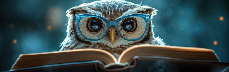 Wise owl wearing glasses, reading a book on blue background symbolizing knowledge and wisdom