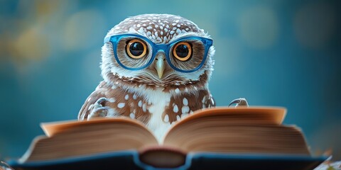 Wise owl wearing glasses, reading a book on blue background symbolizing knowledge and wisdom