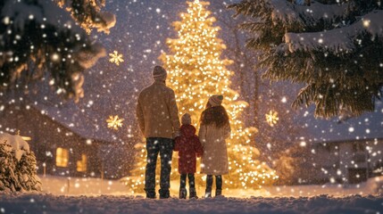 Family Admires a Decorated Christmas Tree in the Snow