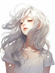 Anime-Style White-Haired Girl with Closed Eyes and Long Silver-White Hair in a Minimalist Composition with Copy Space