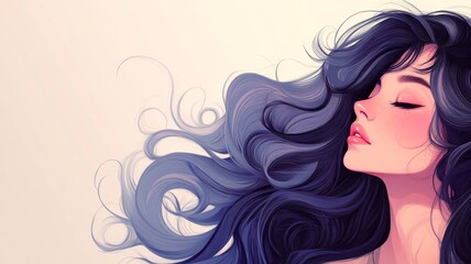  Beautiful Anime Girl with Long, Curly Hair Blowing in the Wind, Delicate Facial Features, and Closed Eyes in a Minimalist Composition with Copy Space