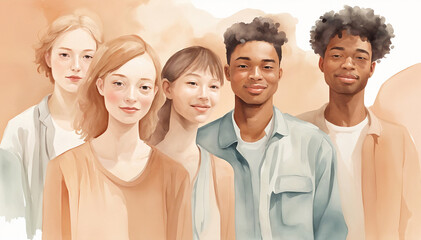 Fototapeta premium Illustration of a diverse group of people. Watercolor painting featuring young people with a creative and inclusive design, set against a white background.