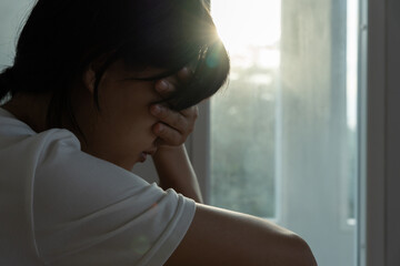 Unhappy asian woman girl disappointed, sad about problem in home alone, feel lonely, Stressed,...