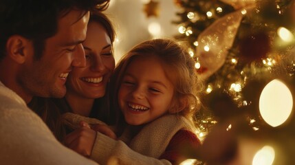 A Family's Warm Embrace Near a Christmas Tree